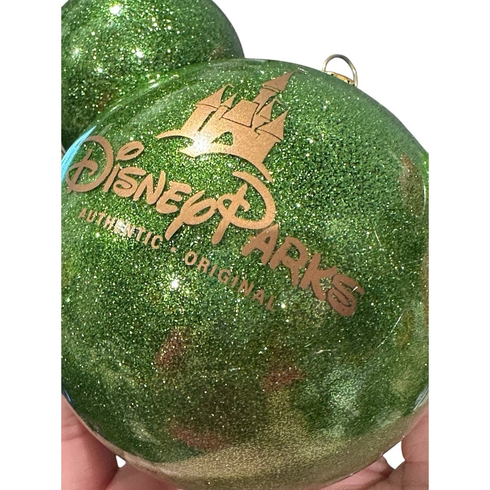 RARE Disney Parks Mickey Icon Ears‎ Glittery Glitter Glass Ball Green Ornament - Picture 2 of 2